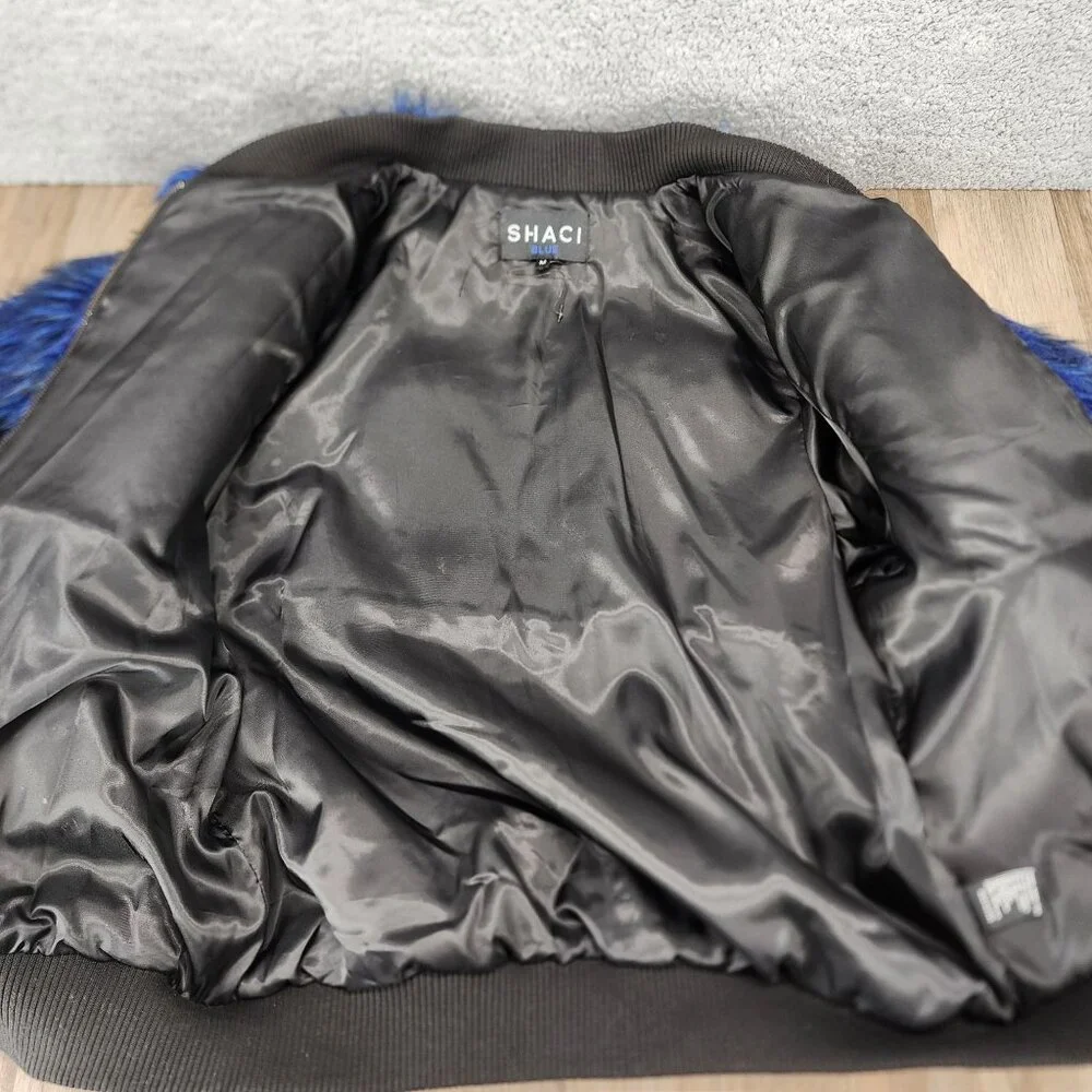 Shaci Blue Women's Size Medium Blue Black Faux Fur Monster‎ Bomber Jacket